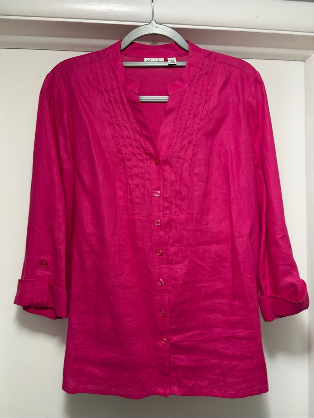 Kim Rogers Fuchsia linen Button-Front Tunic Shirt large